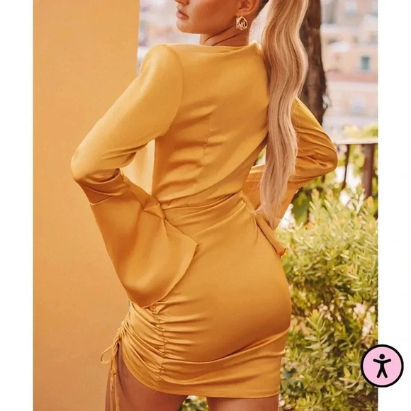 Pretty Little Thing Womens Yellow Ruched Plunge Cowl Neck Long Sleeve Dress 2 - Picture 12 of 14